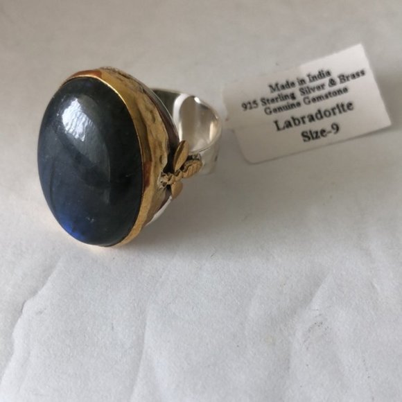 YS INDIA Oval Labradorite Bee Light Blue Ring sterling silver 925 & Brass sz.9 - Picture 10 of 16